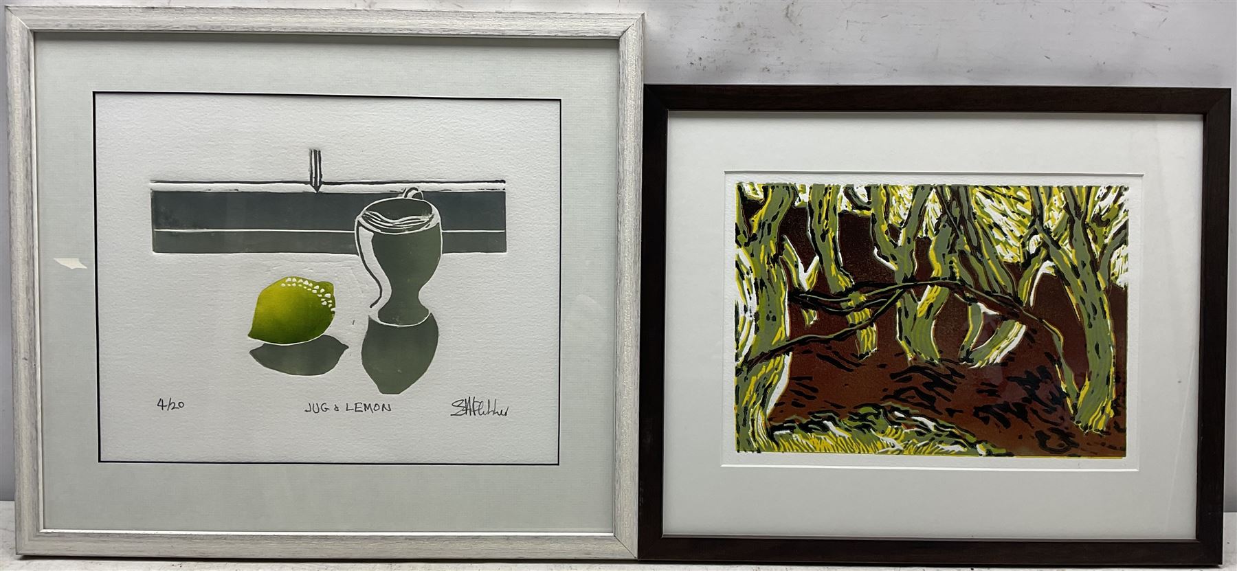 Shirley Fletcher (Northern British Conteporary): 'Jug and Lemon' and A Forest, two collographs, the former signed titled and numbered 4/20 in pencil 28cm x 35cm and 23cm x 32cm (2)