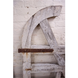  White painted wooden vintage garden gate with scrolled cresting, cast iron latch and hinges, H161cm, W117 max   