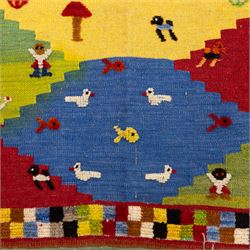South West Persian Qashqai pictorial flatweave kilim, polychrome field divided into stepped geometric panels decorated with stylized animals, bird, fish and tree motifs with a central ivory lozenge medallion beneath a simple landscape panel with tent motif, figures and and narrow multi-coloured border applied in raised wool pile against a flat-woven ground, fringe ends  