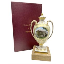Spode twin handled vase and cover with central reserve depicting Highgrove House, Gloucestershire, to celebrate the marriage of Prince Charles to Lady Diana Spencer, limited edition 284/500, boxed with wooden plinth, H32cm