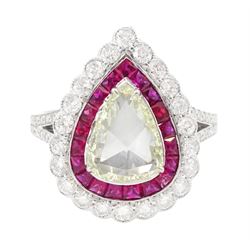 18ct white gold diamond and ruby cluster ring, the principal pear rose cut diamond of approx 1.30 carat, with calibre cut ruby and round brilliant cut diamond surround and diamond set shoulders, stamped 750, total ruby weight approx 1.40 carat, total round brilliant cut diamond weight approx 1.05 carat