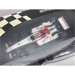 Three Minichamps 1:18 scale die-cast racing cars - B.A.R. Honda 006 J. Button; limited edition Benetton Renault Sport Showcar 2001 J. Button; and limited edition Benetton Renault Sport Showcar 2001 G. Fisichella; all boxed (3)