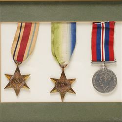 Group of six WWII medals comprising War Medal, 1939-1945 Star, Pacific Star with Burma clasp, Italy Star, Atlantic Star and Africa Star, framed