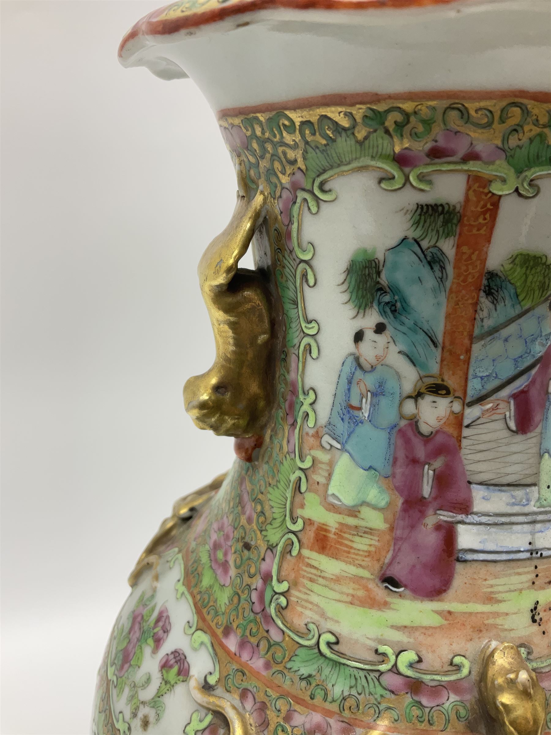 19th century Chinese Canton Famille Rose vase, decorated with figural panels against floral and foliate scroll ground, converted to a lamp, H46cm