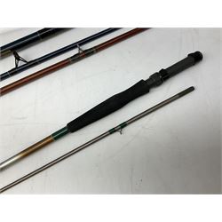 Shakespeare 'Composite Beachcaster 1332-300' 10ft two piece rod with Shakespeare alpha reel, Elastiglas two piece fly rod, Ryobi Masterline carbon fibre 'Pioneer PIF 85 Fly 8' 6