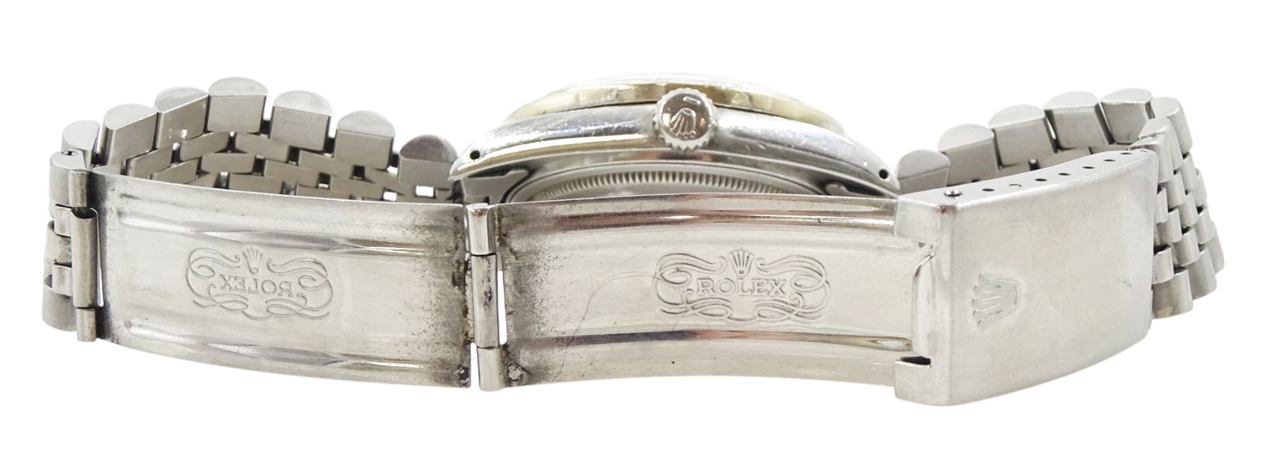 Rolex Oyster Perpetual Datejust gentleman's stainless steel automatic wristwatch, circa 1984, Ref. 16030, serial No. 8124572, after market diamond dot mother of pearl dial and diamond set bezel, on stainless steel Jubilee bracelet, with fold-over clasp