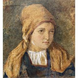 Attrib. William Henry Hunt (British 1790-1864): Girl in a Bonnet, watercolour unsigned 14cm x 13cm