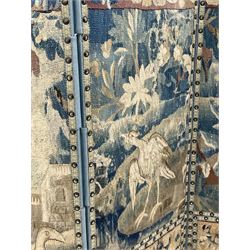 20th century four panel folding screen, upholstered in needle work cover depicting flowers and foliage with birds, plain blue upholstered rear