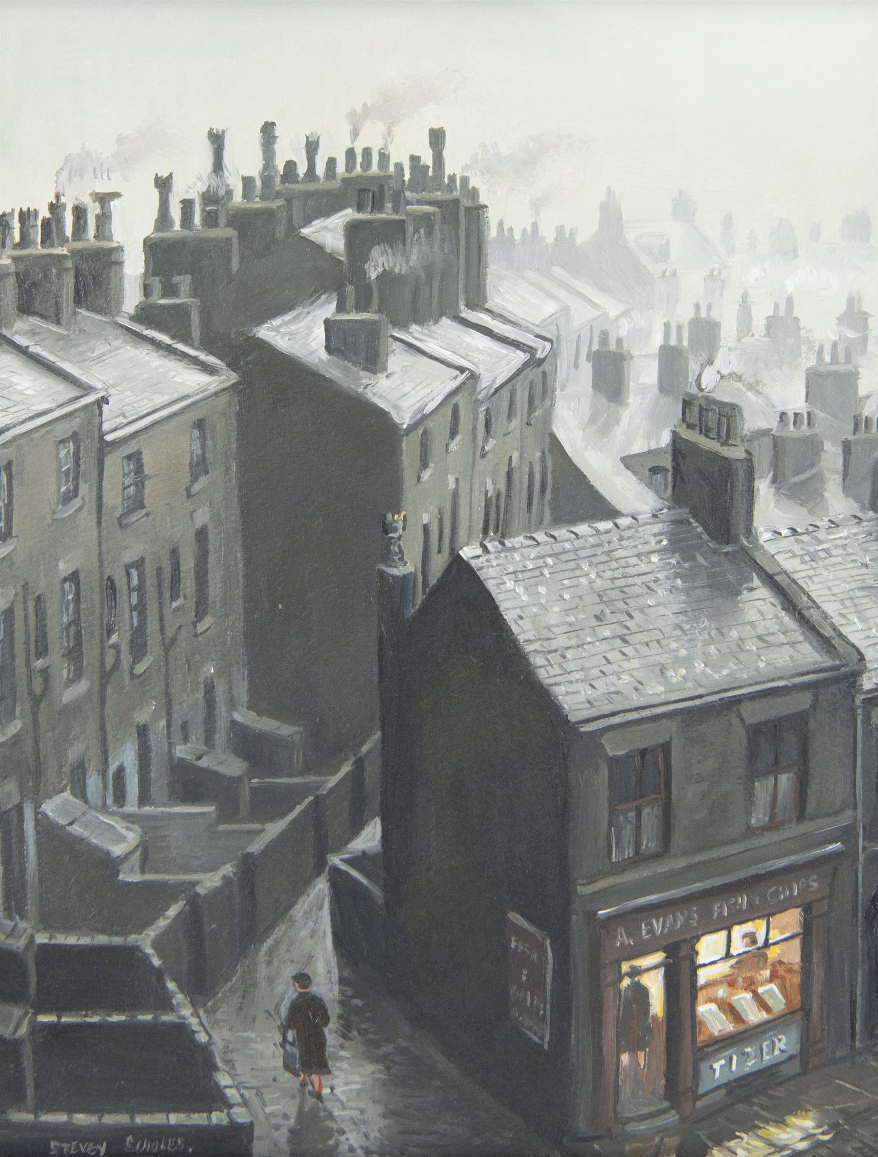 Steven Scholes (Northern British 1952-): 'Wet Roof Tops and Evans Fish & Chips Manchester', oil on board signed, titled verso 34cm x 27cm