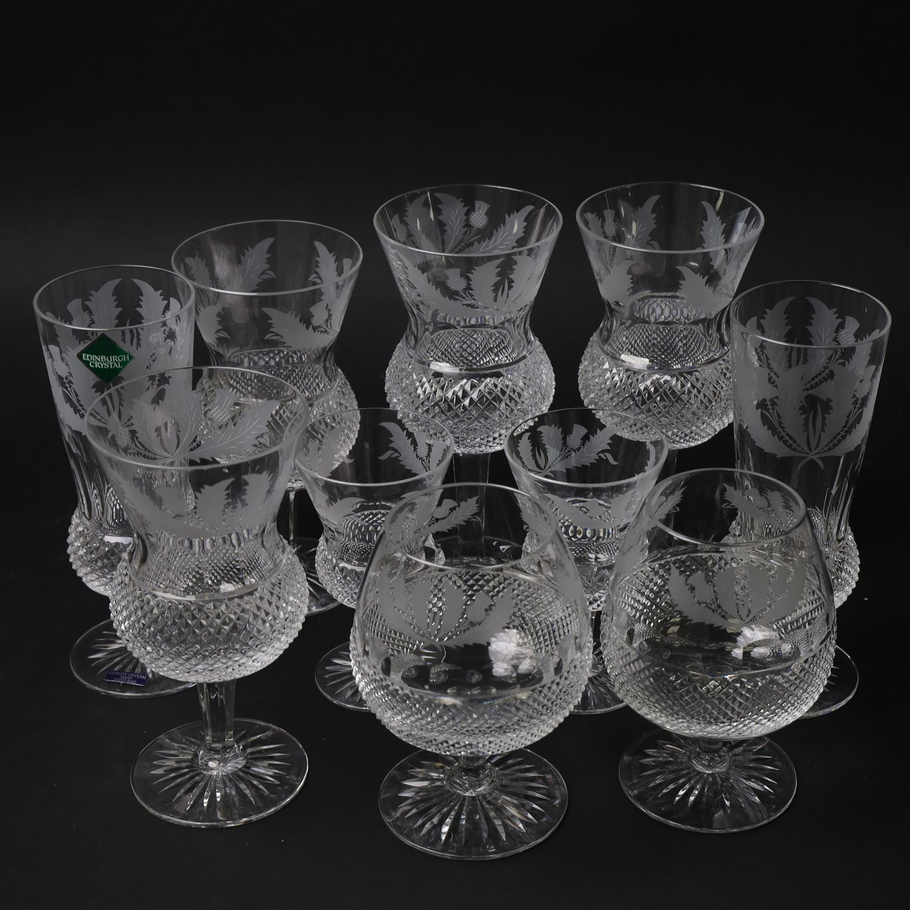 Ten Edinburgh Crystal Thistle pattern glass in pairs, comprising champagne, red wine, white wine, port, sherry and brandy glasses   