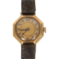 Five 9ct gold manual wind wristwatches, one on a 9ct rose gold expanding bracelet and an 18ct gold manual wind wristwatch, on brown leather strap