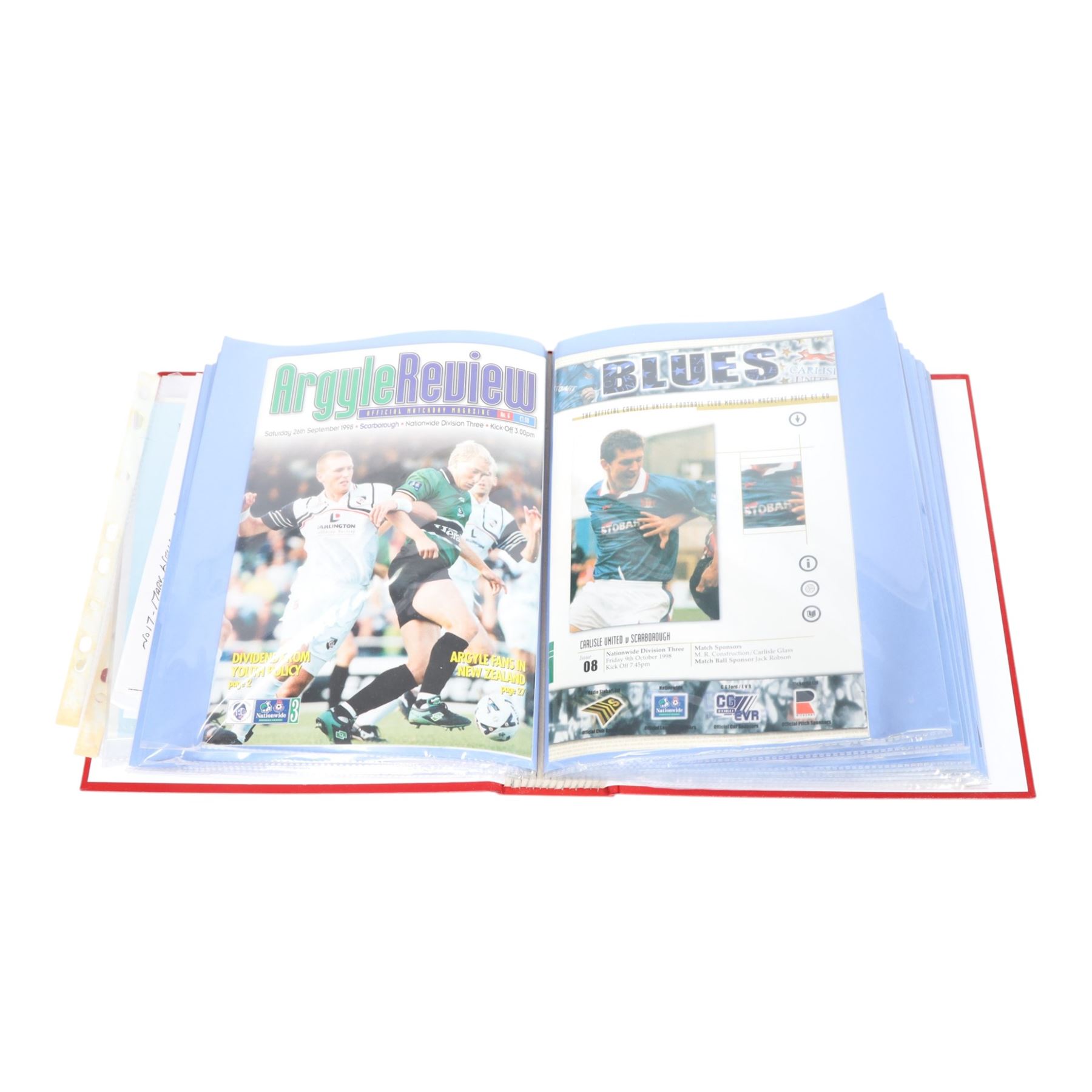 Comprehensive collection of approximately one-hundred and seventy Scarborough FC football programmes for the 1996/97, 1997/98 and 1998/99 seasons, all filed within six dedicated Scarborough FC red Home and Away binders