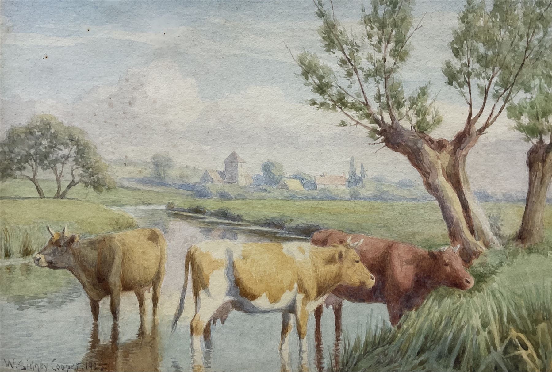 William Sidney Cooper (British 1854-1927): Cattle Watering, watercolour signed and dated 1925, 12cm x 18cm 