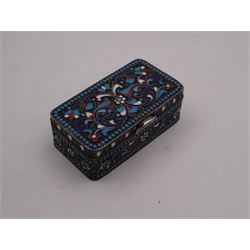 Early 20th century Russian silver trinket box, of rectangular form with rounded corners, decorated throughout with cloissone enamel foliate, floral and scroll decoration, in blues, reds, white and green, with hinged lid, opening to reveal silver-gilt interior, marked with Kokoshnik mark, 84 standard, with Moscow city mark, maker's mark indistinct, H2.2cm, W6cm 