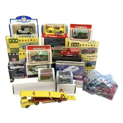 Eight Vanguards die-cast models by Corgi, Hornby and Lledo including Land Rovers, Ford Anglia and Triumph; together with thirteen other modern die-cast models by Bburago, Oxford, Atlas, EFE, Solido etc; all boxed; and small quantity of unboxed and playworn models
