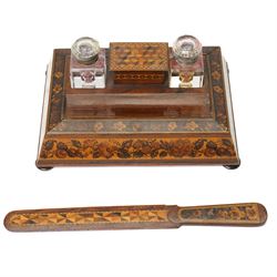 19th century Tunbridgeware inkstand, with two cut glass inkwells, sloping floral mosaic si...
