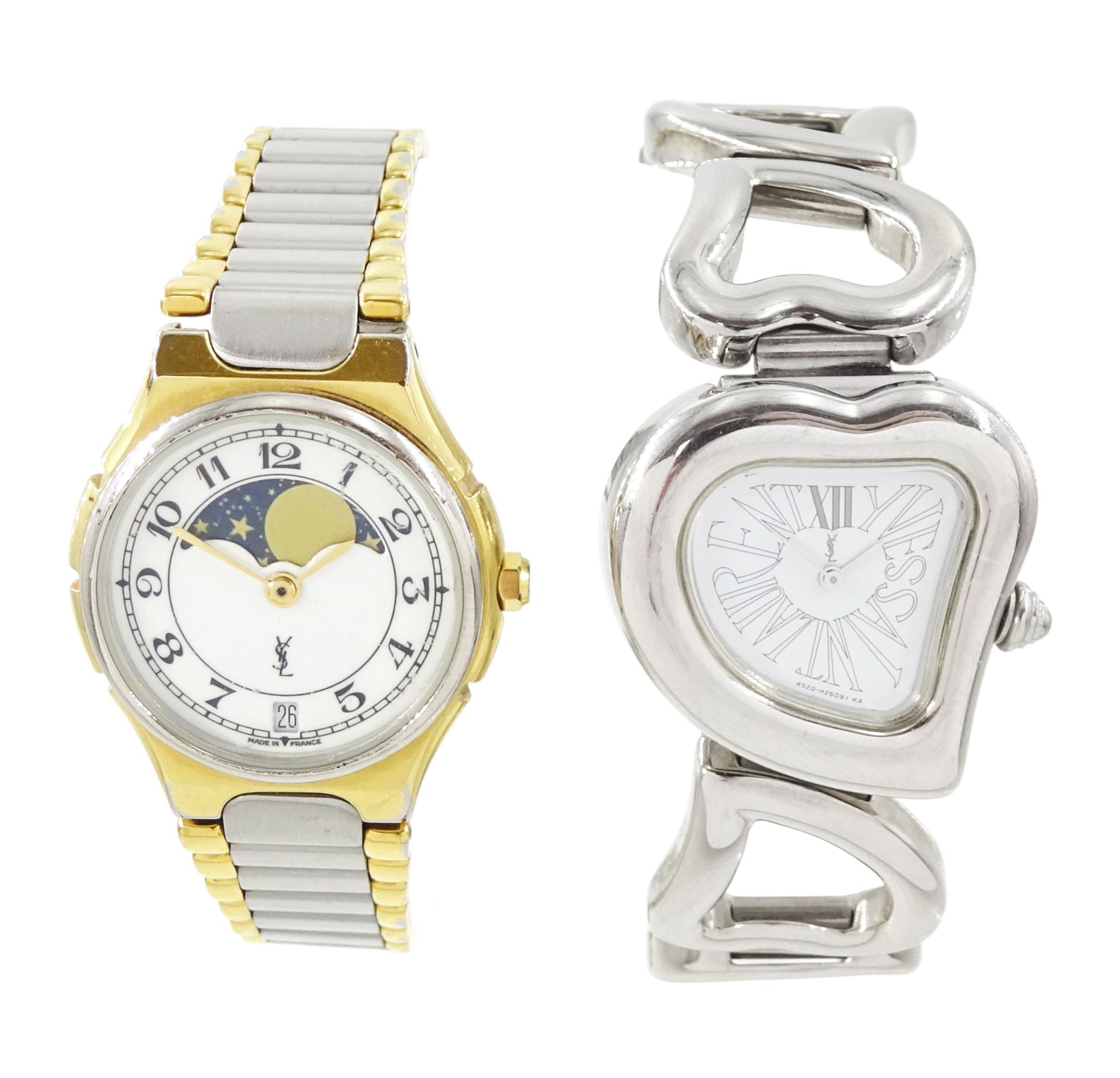 Two Yves Saint Laurent ladies stainless steel quartz wristwatches including 'Moon Phase' with gold plated bracelet, no. 284717, the other with heart shaped face and bracelet links, no. 7N0336