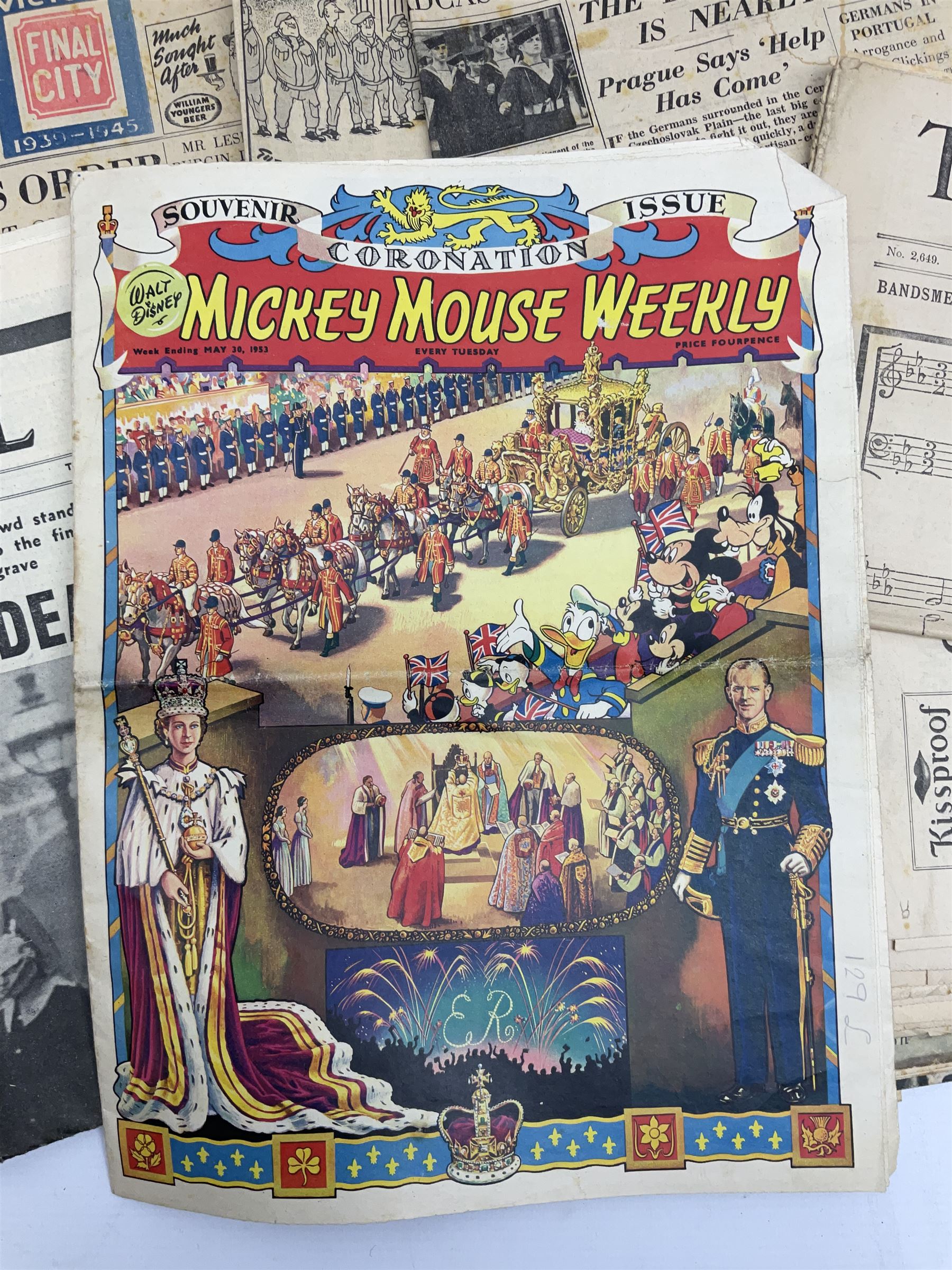 Collection of newspapers and cuttings to include first and second World War examples, Walt Disney Mickey Mouse Weekly Souvenir Coronation issue comic, dated May 30 1953 and other Coronation related news leaves