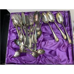 Silver mounted glass cruet set, Hallmark Walker & Hall, together with silver plate cased canteen, tea set etc