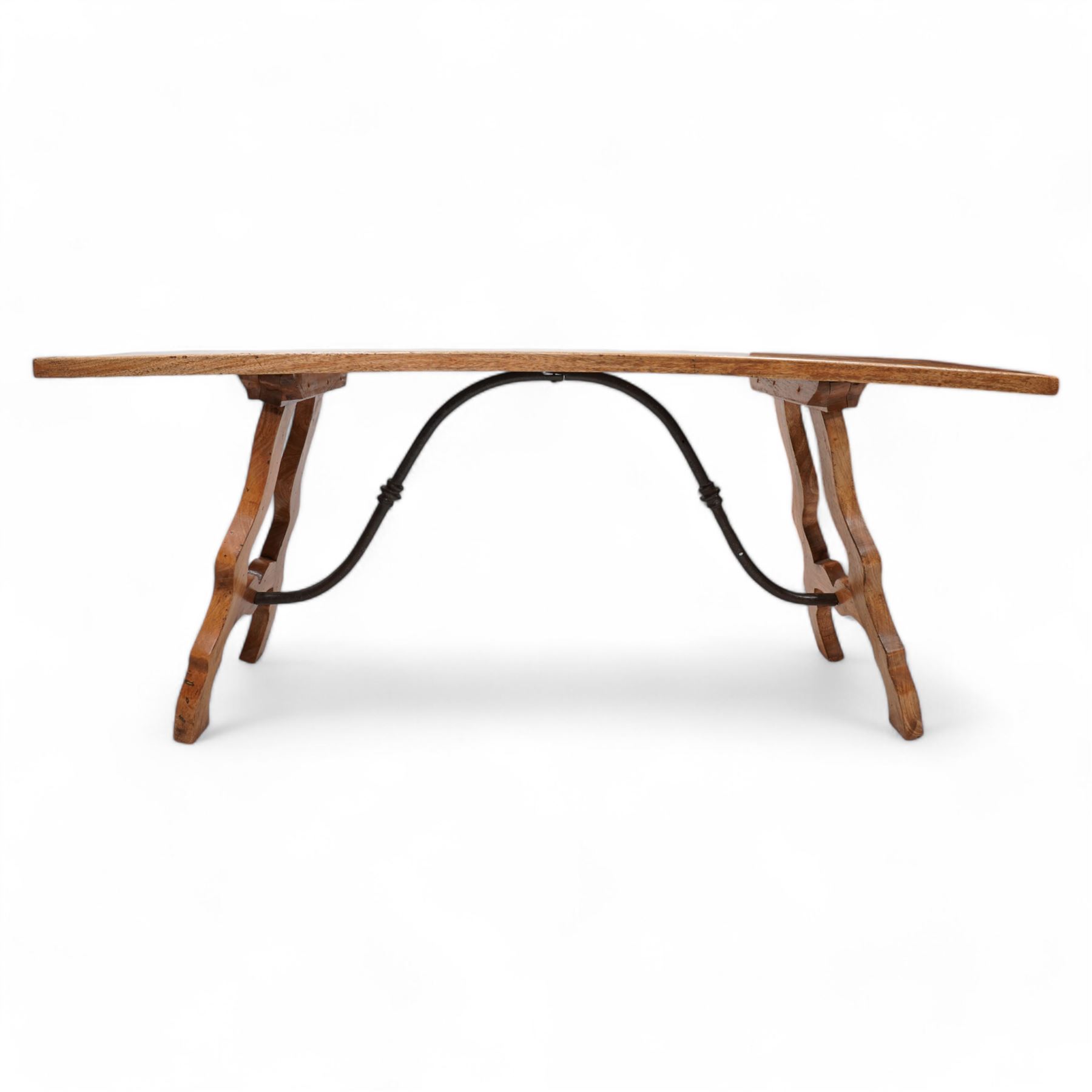 Spanish design hardwood and wrought iron console or side table, parquetry top over splayed shaped end supports united by wrought iron stretcher 