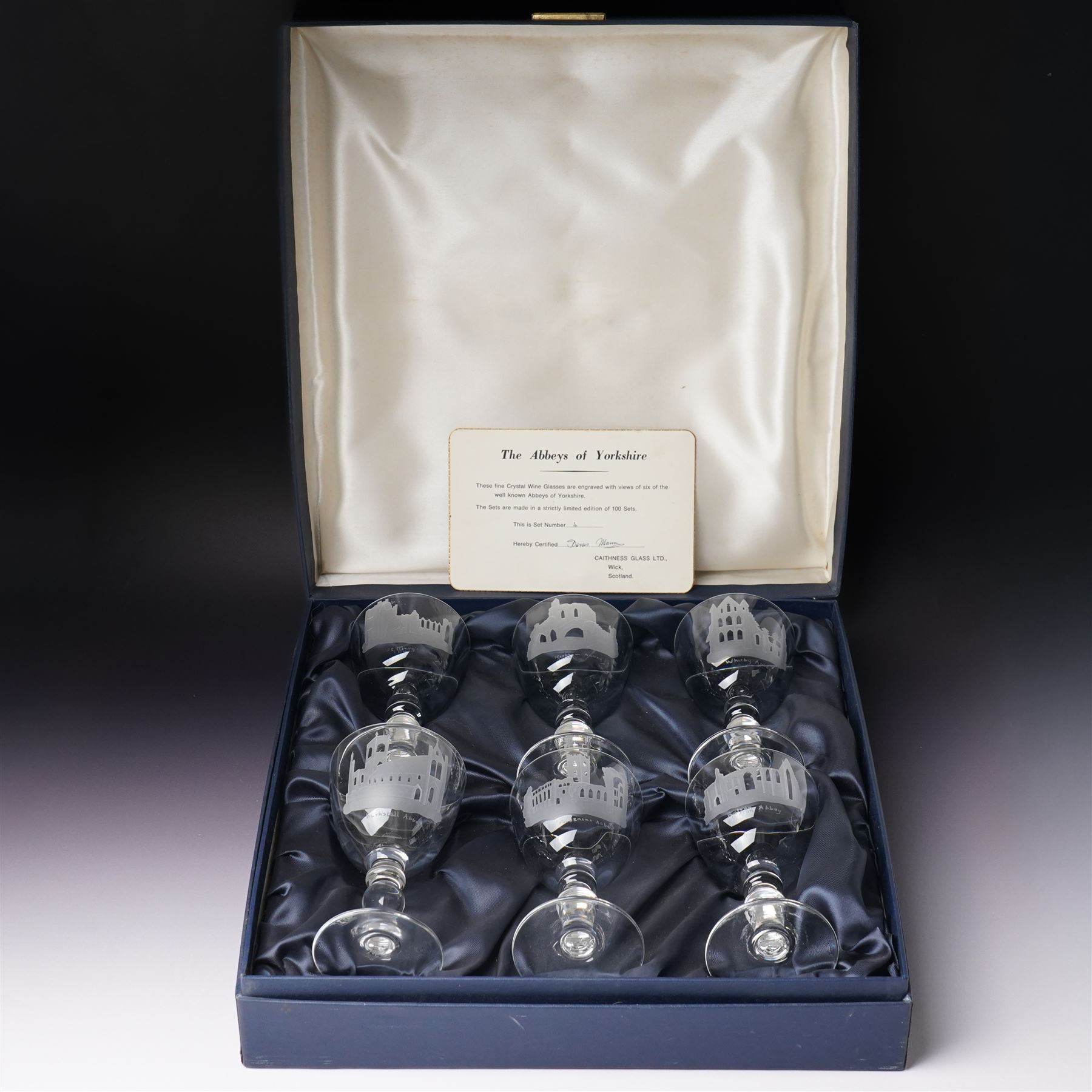 Set of six limited edition etched Caithness goblets, depicting the Abbeys of Yorkshire, no 1/100 with original box and certificate of authenticity