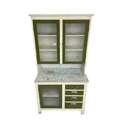 Mid-20th century painted kitchenette, raised glazed cabinet over single glazed door and four drawers