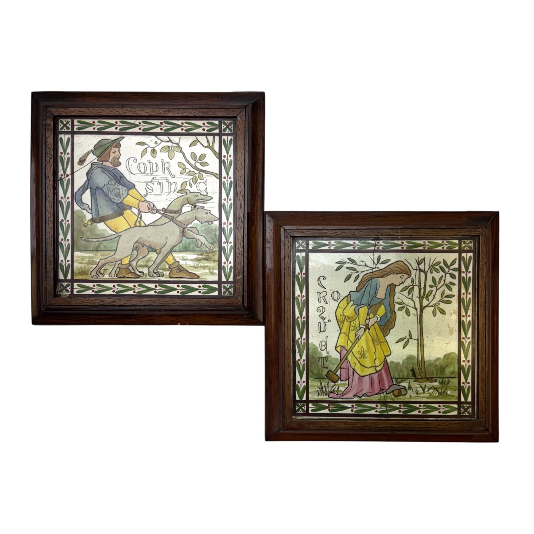 Pair of Victorian tiles, the first depicting a man with a pair of hunting dogs, the other a woman playing croquet each within a foliate boarder, within oak frames, H25cm, 