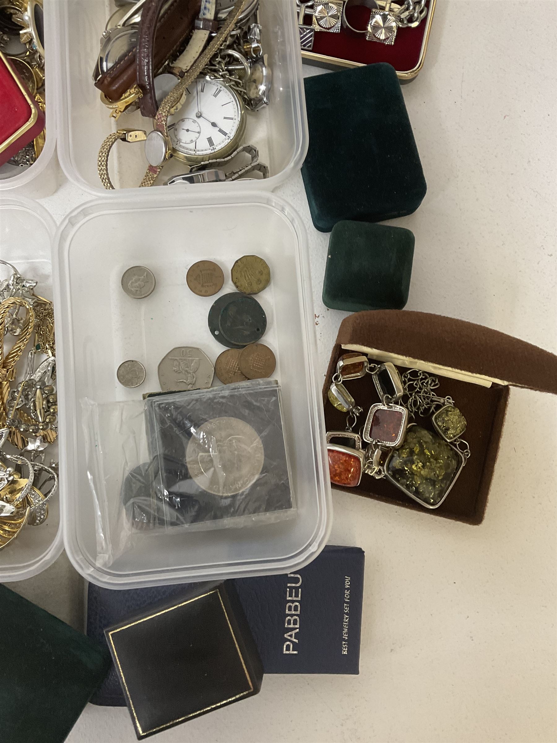 Collection of costume jewellery, including earrings, beaded necklaces, bracelets, wristwatches and boxes 