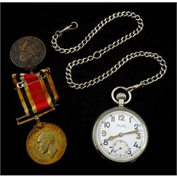Majex military issue keyless pocket watch, back case stamped ^G.S.T.P M72741, with chain and two George V and George VI Special Constabulary medals