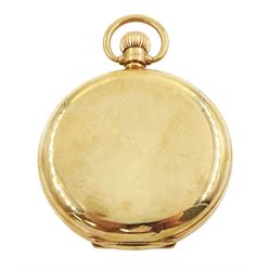Early 20th century 9ct gold full hunter, keyless 'Traveler' lever pocket watch by American Watch Company, Waltham, No.27663195, white enamel dial with Roman numeral hour markers and subsidiary seconds dial, case by Dennison, Birmingham 1933