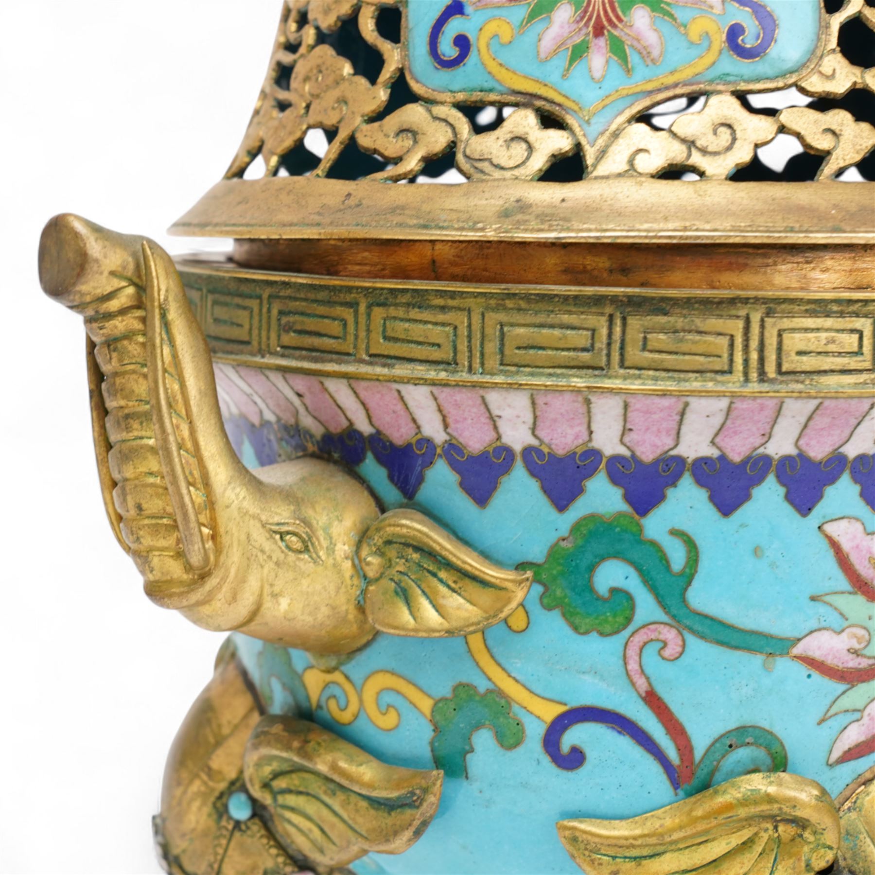Pair of Chinese 20th century cloisonne Tang style horses with removeable saddles H35cm and a cloisonne and gilt metal koro