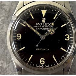 Rolex Oyster Perpetual Explorer Precision gentleman's automatic wristwatch, circa 1967, Ref. 5500, serial No. 1737240, gloss black dial with luminous baton hour markers, Arabic quarters, Mercedes hands with luminous inserts, on Rolex Oyster stainless steel strap with fold-over clasp