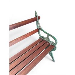 Coalbrookdale - Lily Pad design cast iron an wood slatted garden bench, late 19th century Aesthetic Movement, no. 217569, distressed green paint, iron centre support and seat stretcher, hardwood slatted