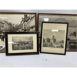 After E.I Roberts; 'General View if London, Two silk pictures of birds perched on branches, two prints of photos of Devon towns, framed mirror, photo frames  etc