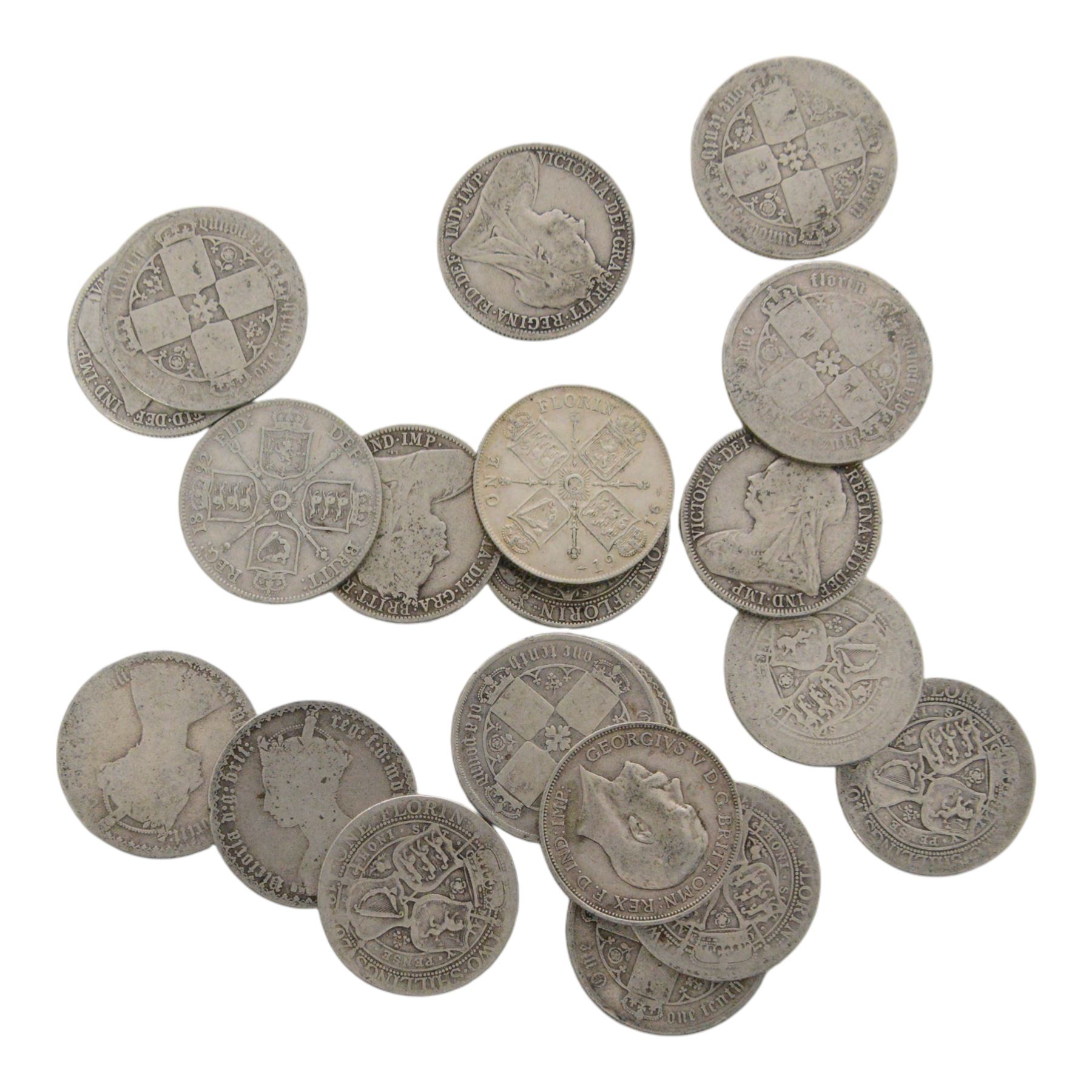 Approximately 216 grams of Great British pre-1920 silver one florin coins, including some Queen Victoria 'Gothic' florins