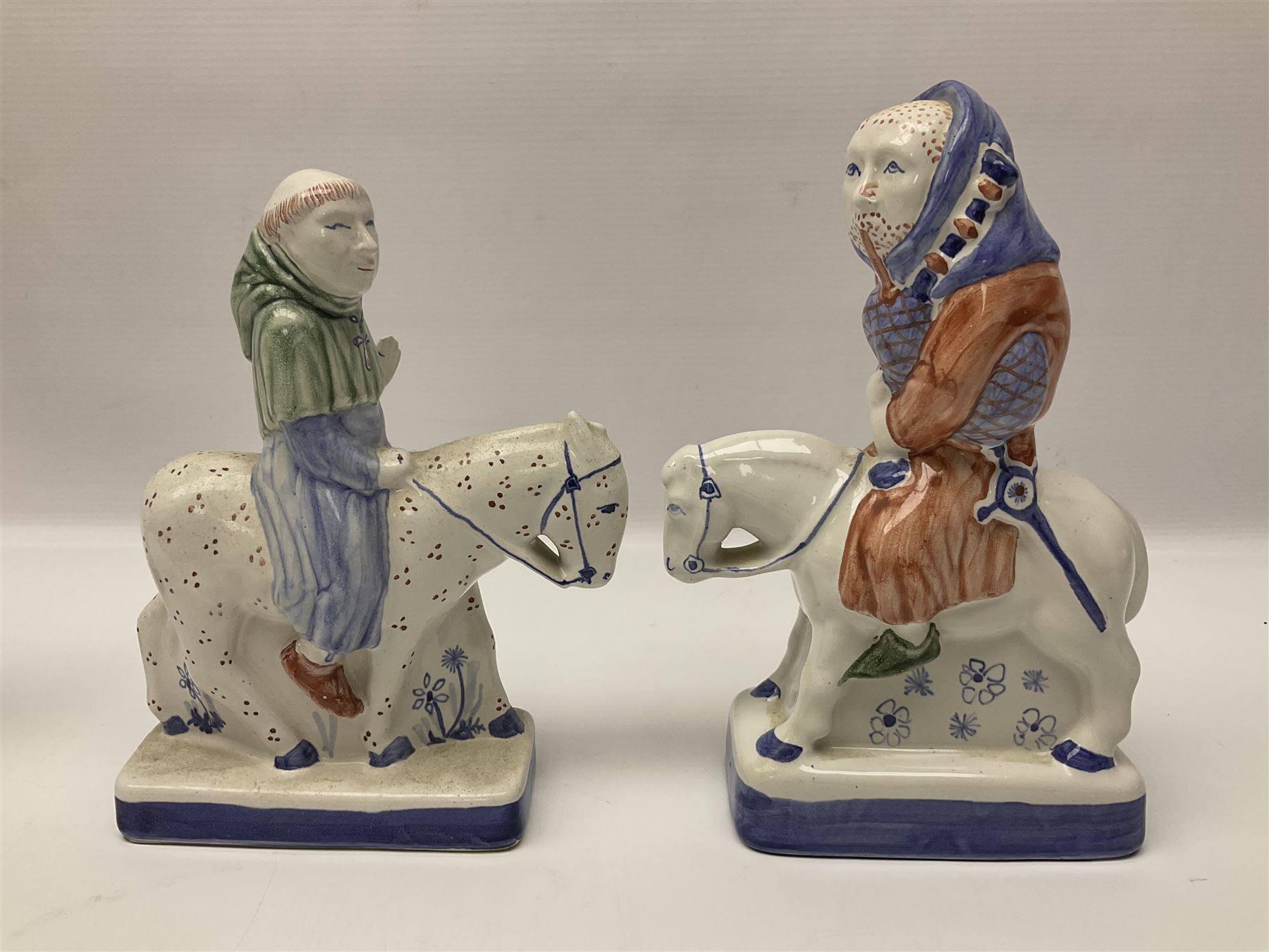 Three Rye Pottery Canterbury Tales figures, comprising The Miller, The Monk and The Franklin, together with a Canterbury Tale tile The Knight, tallest H24cm
