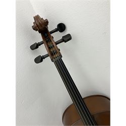 Modern Romanian student's three-quarter size cello with 70cm two-piece maple back and ribs and spruce top, bears label 'Musikinstrumentenfabrik Reghin Romania' L115cm overall