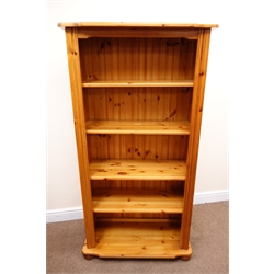  Pine open bookcase, four shelves, bun feet (W79cm, H154cm, D37cm) and similar bookcase (20  