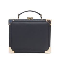 Aspinal of London black leather structured top-handle handbag with gold-tone metal mounts and corner protectors, the hinged lid opening to a fabric-lined interior fitted with a zip pocket and slip compartment, leather brand label stamped Aspinal of London England, fitted with a detachable adjustable leather shoulder strap, accompanied by an Aspinal of London dust bag and presentation box, W19cm D8cm H16cm