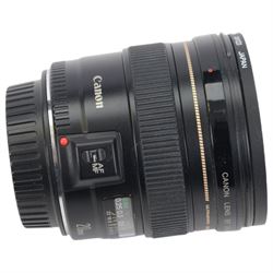 Two Canon Ultrasonic lenses, comprising EF 75-300mm 1:4-5.6 IS zoom lens serial no. 03201196 and EF 20mm 1:2.8 lens serial no. 5100131C, with a Canon EW-75II lens hood