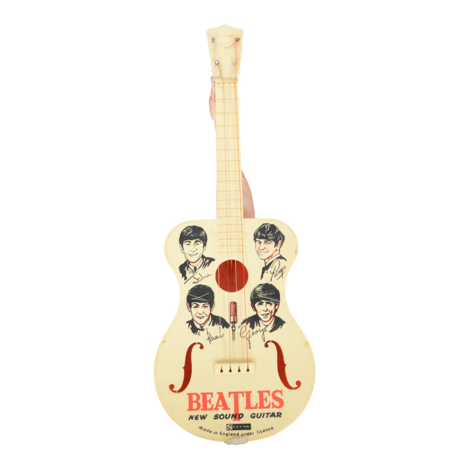 1960s Selcol 'The Beatles New Sound Guitar', plastic toy guitar, in brown faux fur case, H58.5cm