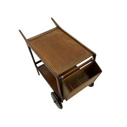 Mid 20th century teak dinner trolley, two tiers with hanging bottle compartment