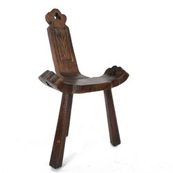 Carved birthing stool on three legs, together set of cased balance scales and framed certificate for Pharmaceutical Society of Great Britain 