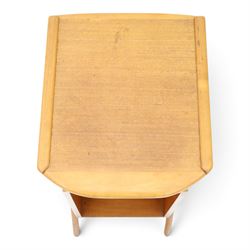Mid-20th century teak side table with sliding top tray, raised sliding top above an open recess with two shelves, shaped frame support