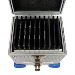 Set of ten 4x5.65 inch filters, comprising seven LEE ProGlass Cine ND filters from 1-7 stops, one Nisi optical flat and two Schneider true-pol polarisers, in flight case with pouches and Tiffen 4x4 filter tray