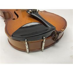 Four Chinese graduated violins - full size with 35.5cm two-piece back; three-quarter size with 33.5cm two-piece back; half size with 31cm two-piece back; and quarter size with 27.5cm two-piece back; all cased except full size; one with bow (4)