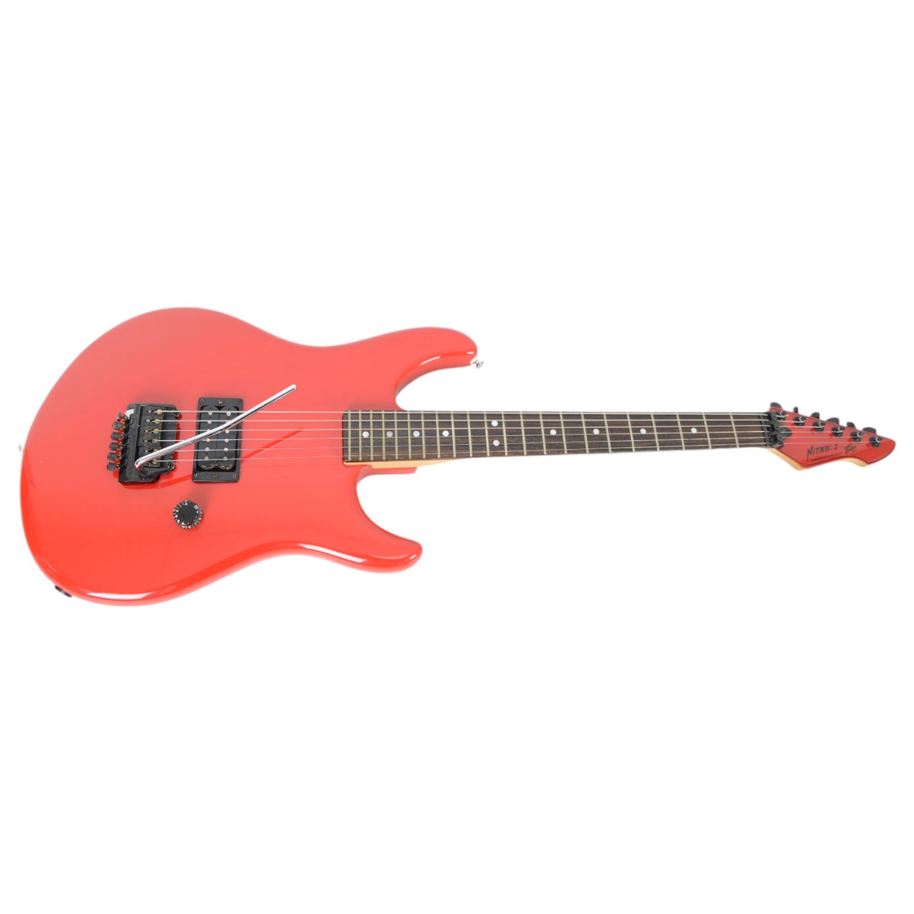 1980s American Peavey Nitro I hand-made electric guitar with Kahler tremolo, in bright red finish, serial no. 02786479, L97cm, in Gear4Music soft carry case