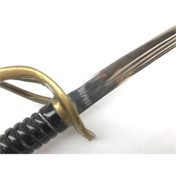  20th century French miniature sword. 22cm curved blade stamped Depose, hilt with pierced brass guard and pommel, ribbed grip with knot, L30cm in steel scabbard  
