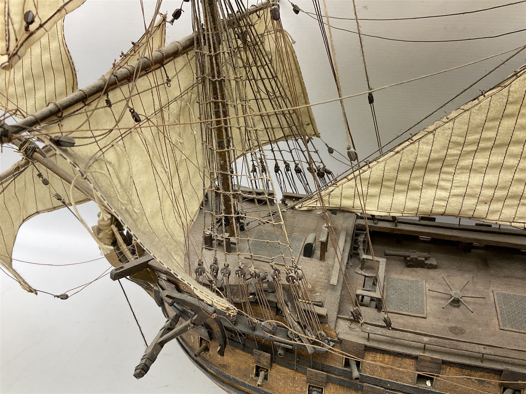 Wooden model of the three mast sailing ship with full rigging, on a wooden display base, H95cm, L110cm