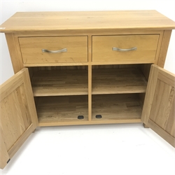  Light oak sideboard, two drawers above two cupboards, W98cm, H77cm, D43cm  